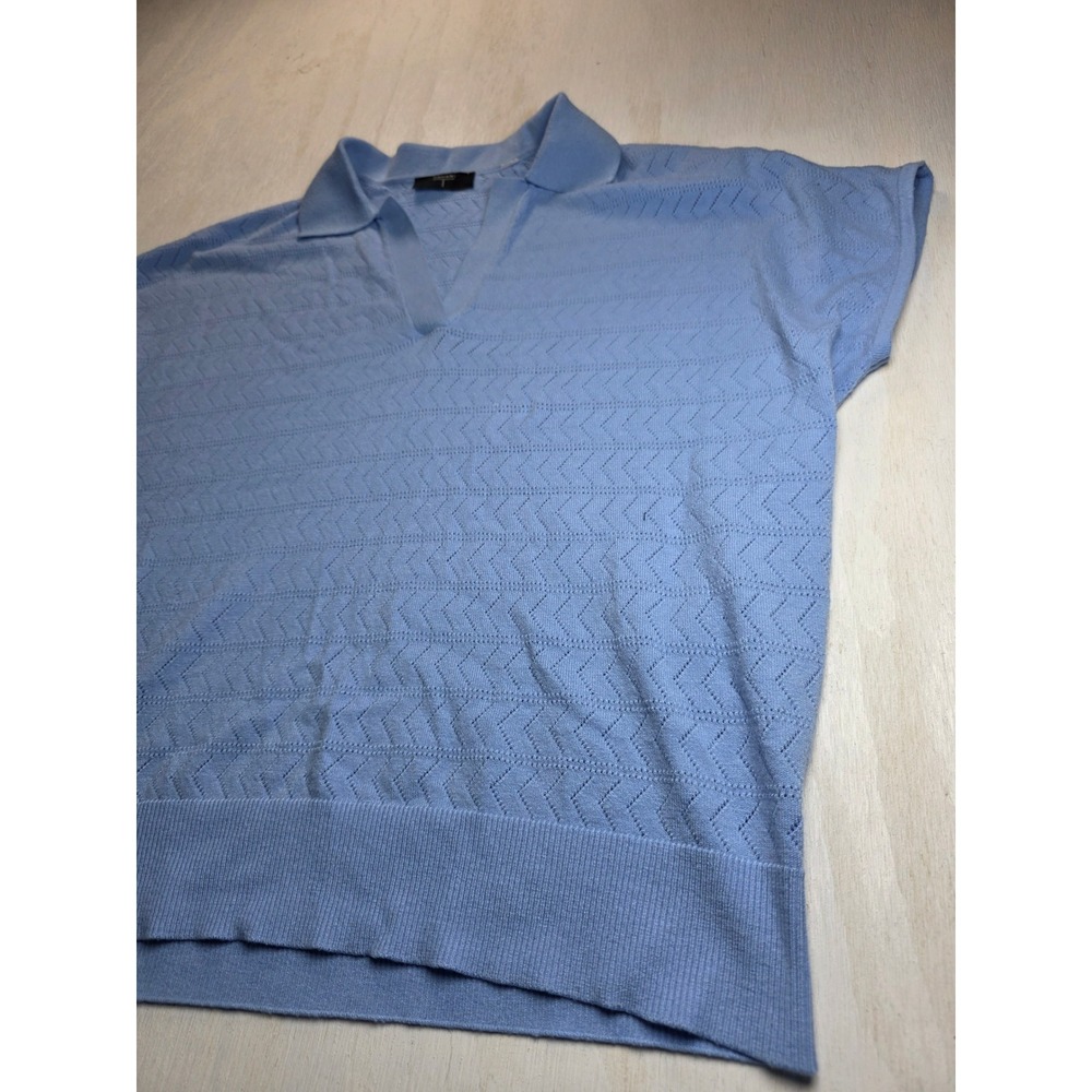 Tahari‎ Light Blue Pointelle Knit Polo Top Short Sleeve V-Neck Chevron Classic